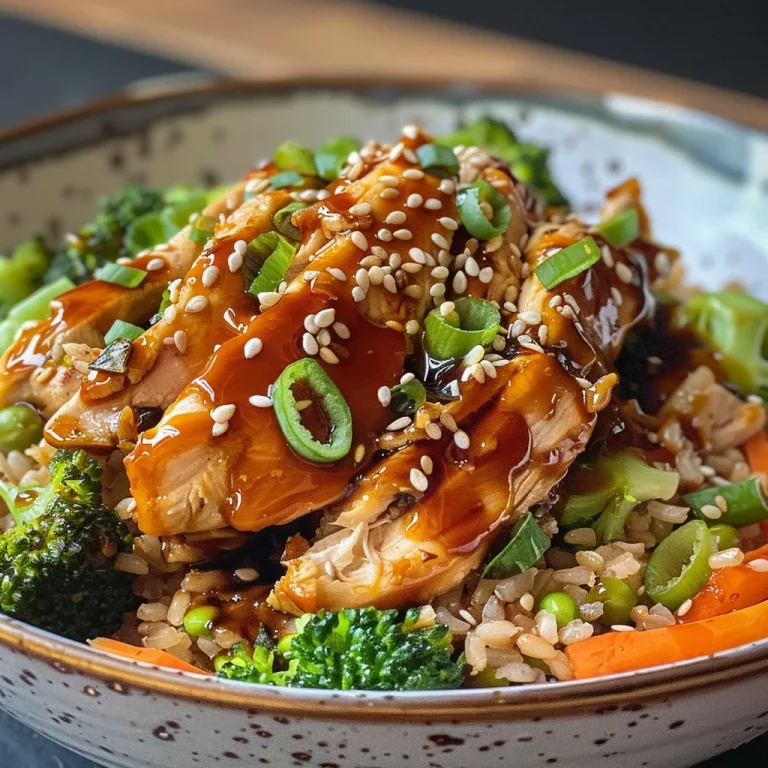 A close-up view of a Teriyaki chicken grain bowl, featuring chicken, grains, and colorful vegetables.