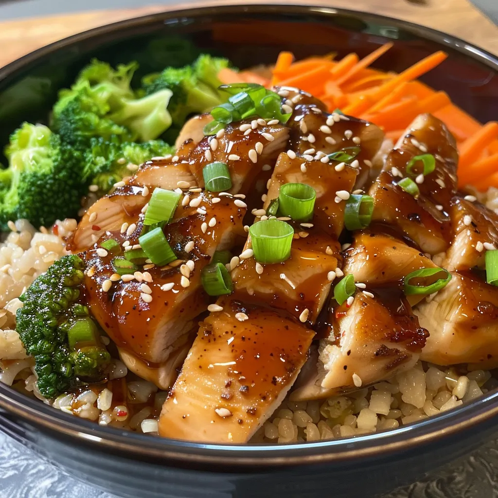 A vibrant Teriyaki chicken grain bowl captured from the side, showcasing juicy chicken and fresh veggies.