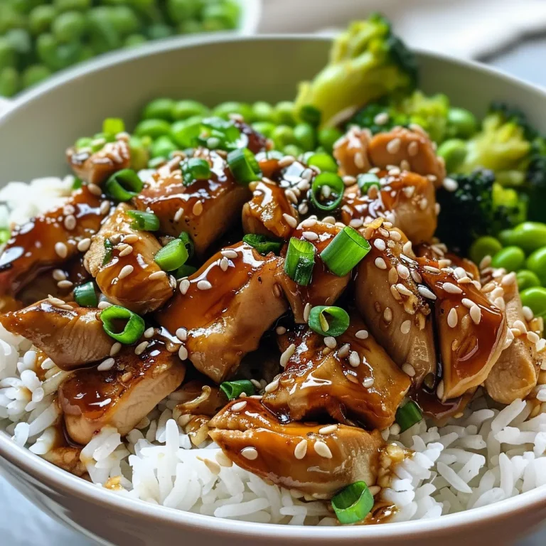Juicy Teriyaki chicken pieces on a bed of rice with colorful vegetables.