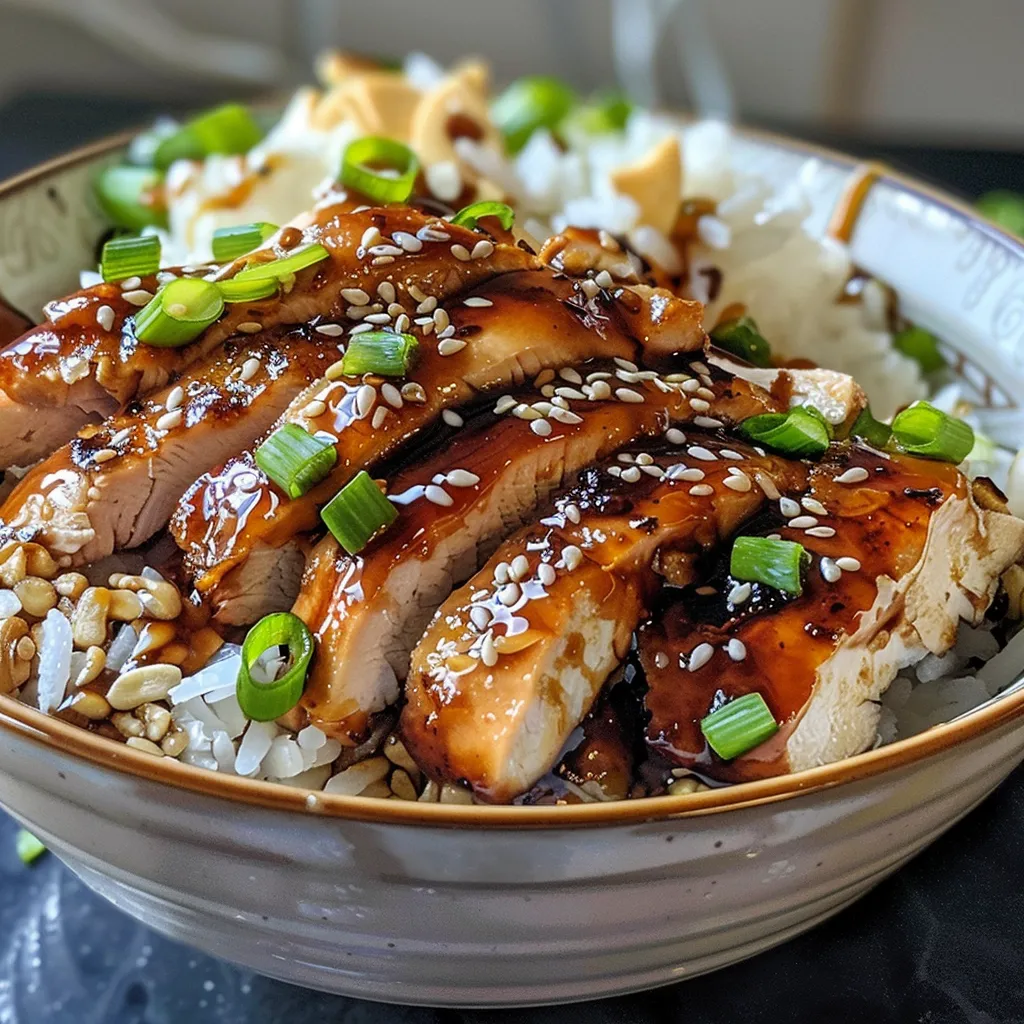 A side view of a juicy Teriyaki Chicken Rice Bowl featuring chicken, broccoli, and rice.