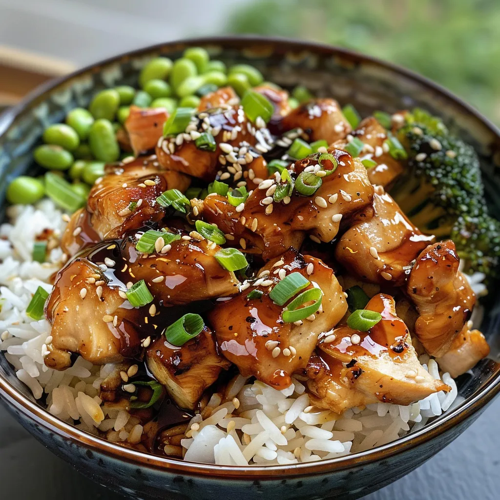 Mouthwatering Teriyaki Chicken Rice Bowl featuring chicken thighs, rice, and garnishes.