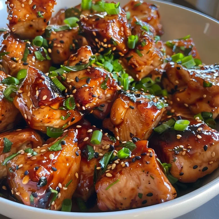 Close-up view of juicy teriyaki glazed chicken bites with sesame seeds and green onions.