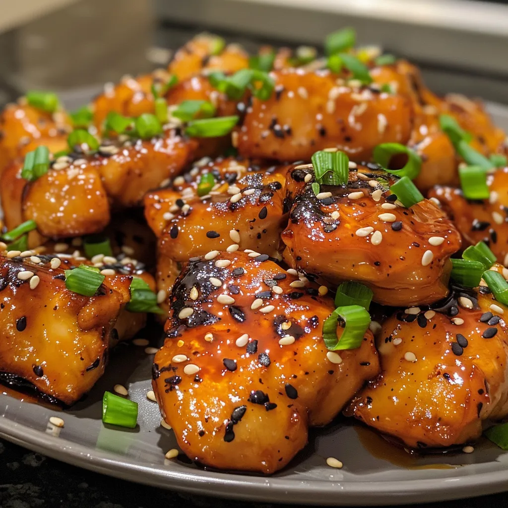 Side view of succulent chicken bites coated in glossy teriyaki sauce, garnished with green onions.