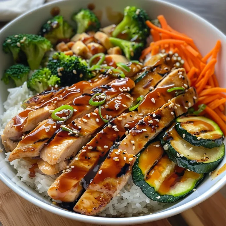 Close-up view of Teriyaki Grilled Chicken and Veggie Rice Bowl with colorful vegetables.