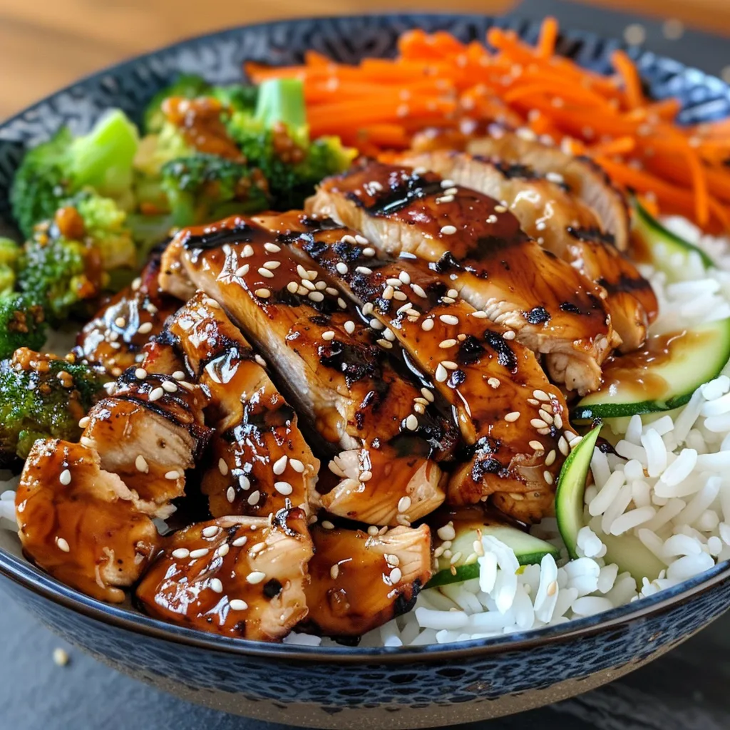 Juicy grilled chicken pieces atop a bed of rice with zucchini, carrots, and broccoli.