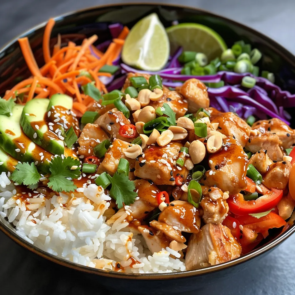 Delicious Thai Peanut Chicken Bowl with vibrant veggies and creamy sauce, captured from the side.