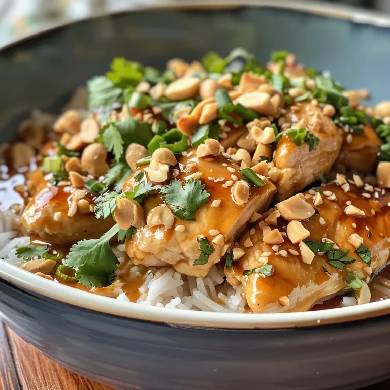 The Thai Peanut Chicken That Whispers of Warm Evenings and Family Gatherings Close-up view of juicy Thai Peanut Chicken garnished with chopped peanuts and cilantro.
