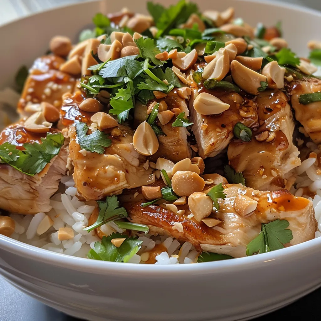 Side view of succulent chicken dish coated in creamy peanut sauce with fresh herbs.