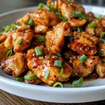 Close-up view of juicy Thai Sweet Chili Chicken pieces coated in sauce.