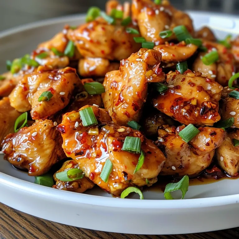 Close-up view of juicy Thai Sweet Chili Chicken pieces coated in sauce.