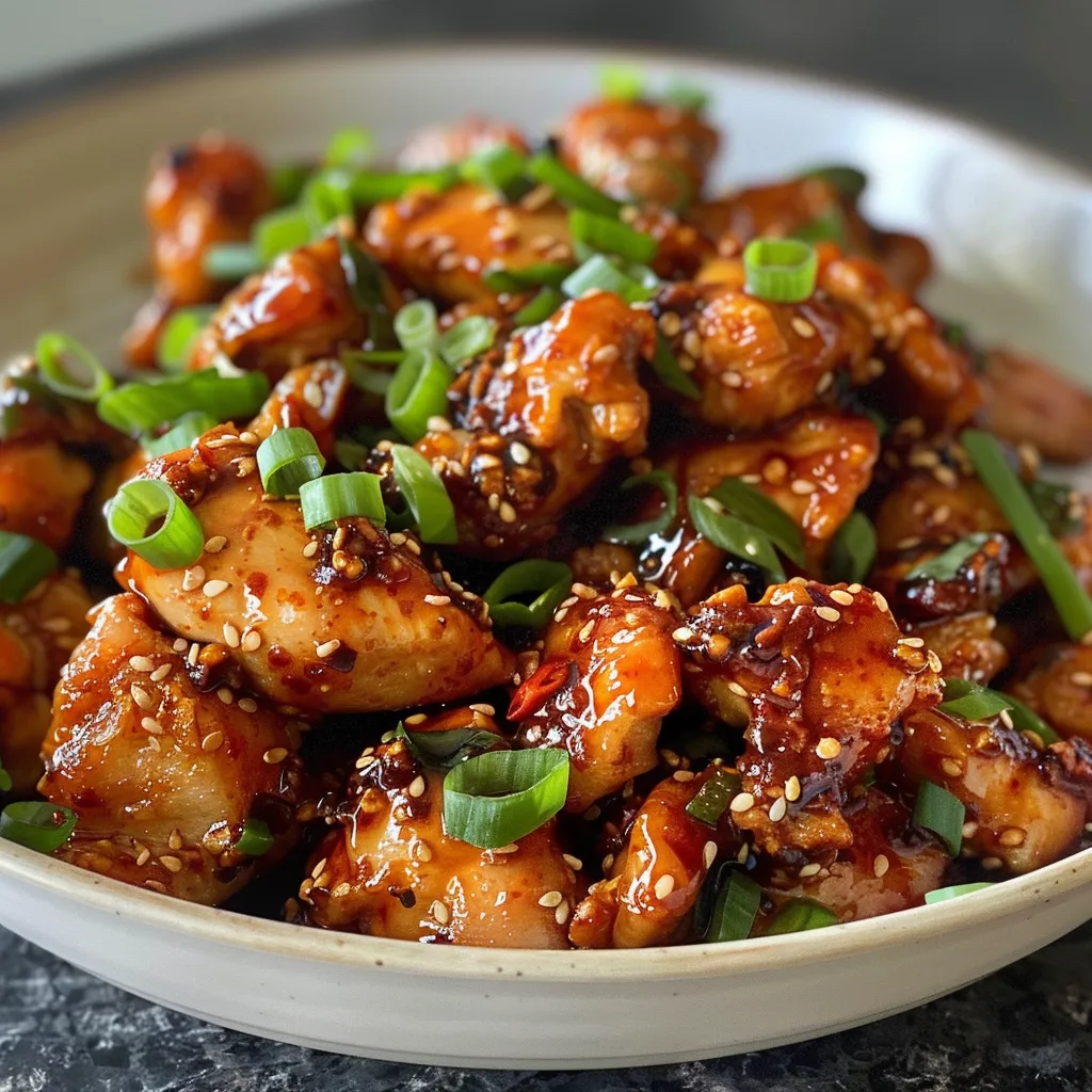 Side view of chicken breast pieces glazed with Thai sweet chili sauce and garnished.