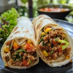 Close-up view of a juicy tortilla wrap filled with fresh ingredients.