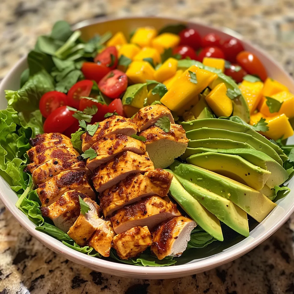 Side angle of a Tropical Chicken Salad topped with fresh mango slices, cherry tomatoes, and avocado, showcasing a rainbow of ingredients.