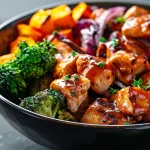 A close-up view of BBQ chicken and roasted sweet potato bowls featuring vibrant colors and textures.