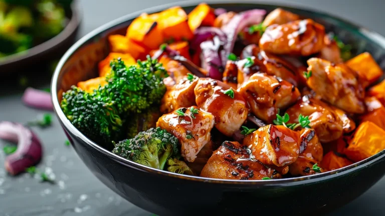 A close-up view of BBQ chicken and roasted sweet potato bowls featuring vibrant colors and textures.