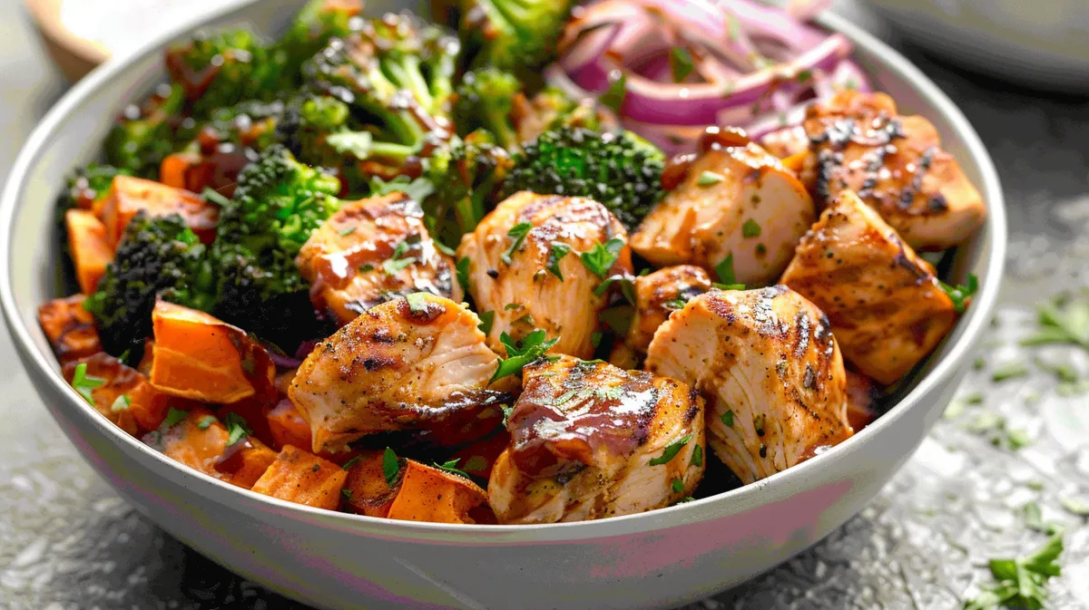 Juicy BBQ chicken alongside diced sweet potatoes and broccoli in a colorful bowl.