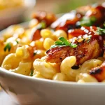 Close-up of creamy mac and cheese topped with diced chicken in honey BBQ sauce.