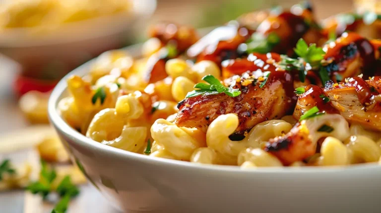 Close-up of creamy mac and cheese topped with diced chicken in honey BBQ sauce.