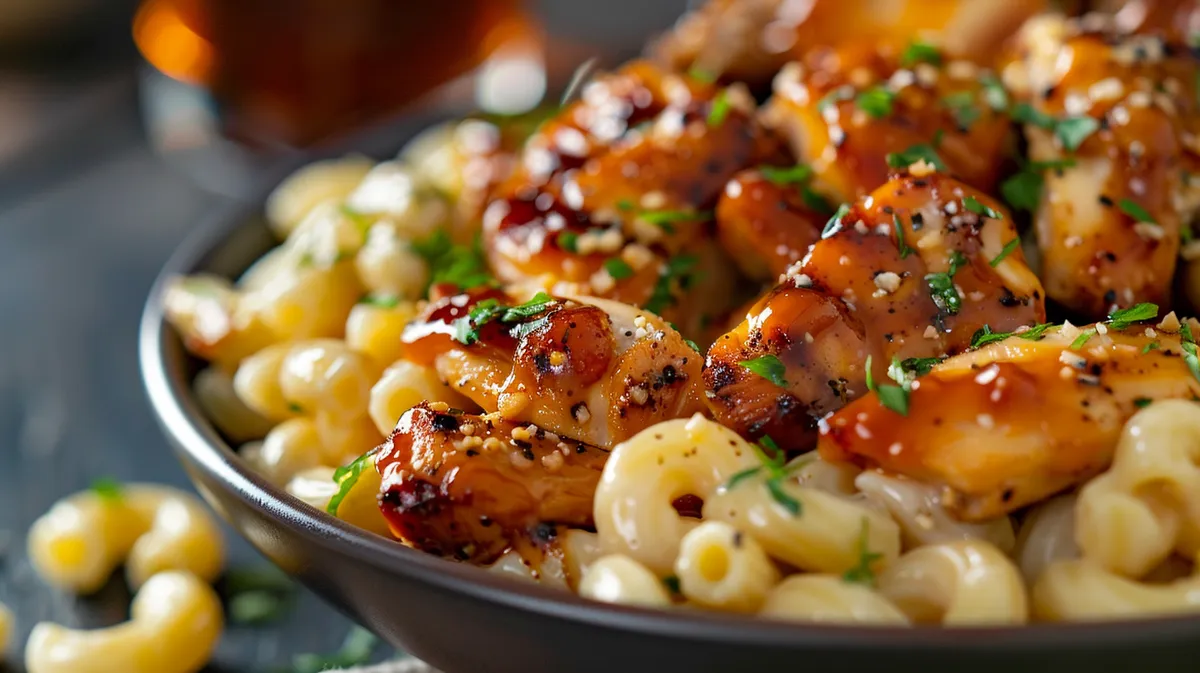 Side view of macaroni and cheese with honey BBQ chicken, showing melty cheese and sauce.