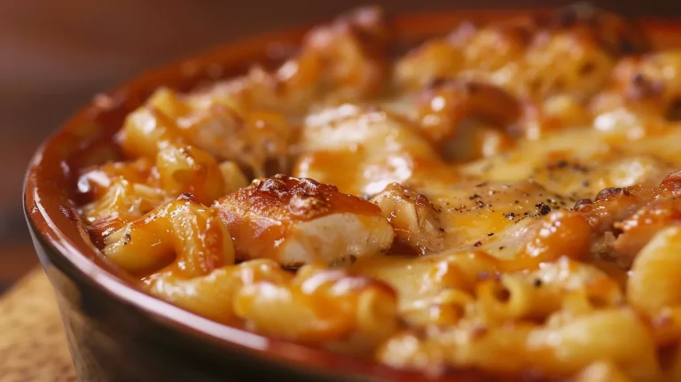 A Hearty One-Pot Wonder Honey BBQ Chicken Mac and Cheese That Feels Like Home Creamy mac and cheese with chunks of honey BBQ chicken, viewed from the side.