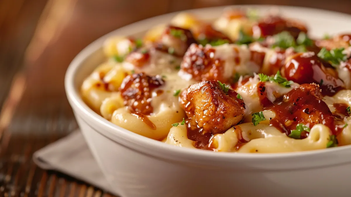 A close-up of One-Pot Honey BBQ Chicken Mac and Cheese, showcasing the cheesy sauce and tender chicken.