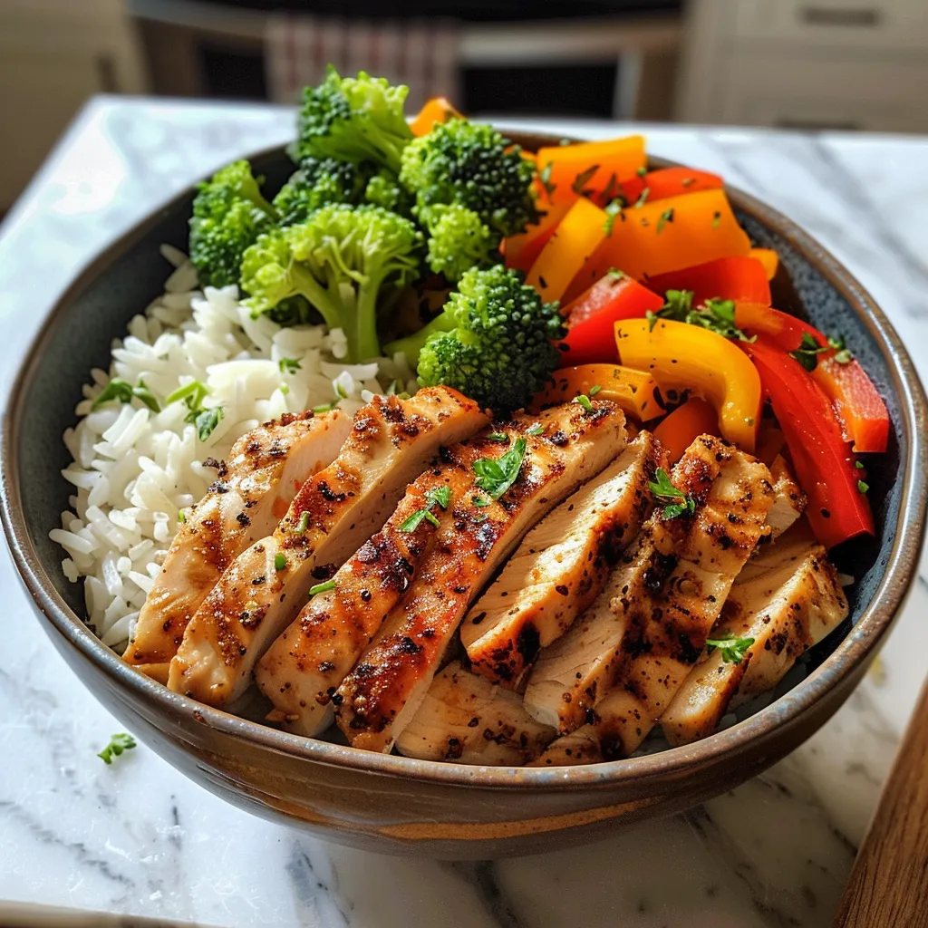Close-up of a healthy power bowl filled with chicken, broccoli, bell peppers, and rice.