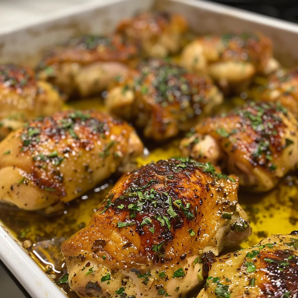 Close-up view of seasoned chicken thighs with golden-brown skin.