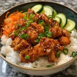 Close-up of Sticky Orange Chicken Bowl with rice, cucumber, avocado, and wontons.