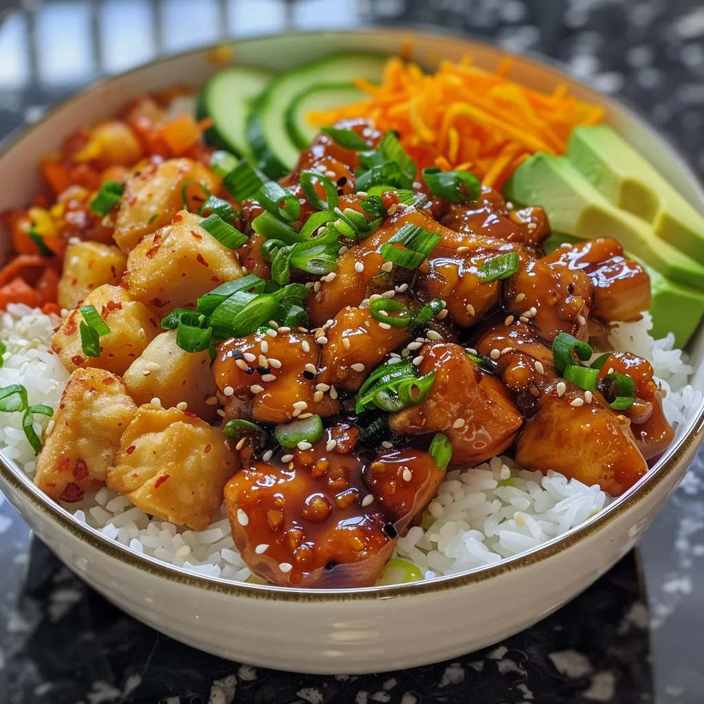 Juicy slices of orange chicken served in a bowl with vibrant toppings.