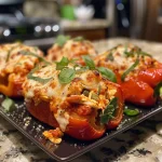 Juicy Italian stuffed peppers with ricotta and chicken, topped with melted mozzarella and fresh basil.
