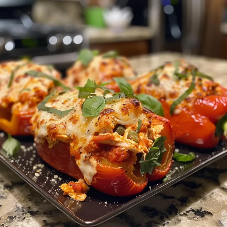 Juicy Italian stuffed peppers with ricotta and chicken, topped with melted mozzarella and fresh basil.