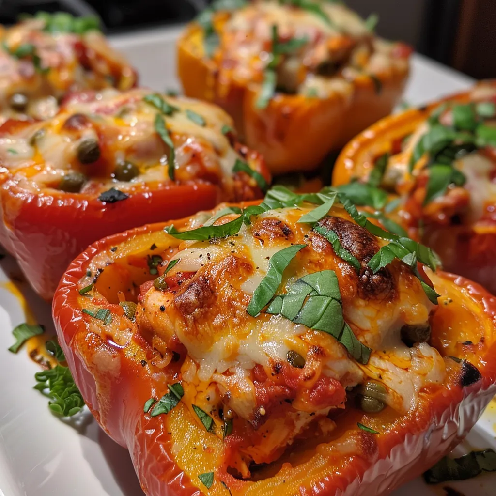 Close-up view of vibrant bell peppers filled with ricotta, shredded chicken, and marinara sauce.