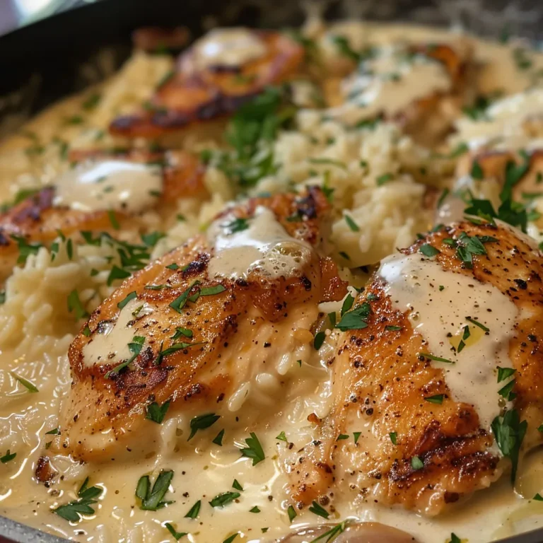 Close-up view of One-Pan Creamy Parmesan Chicken and Rice, showcasing juicy chicken and creamy sauce.