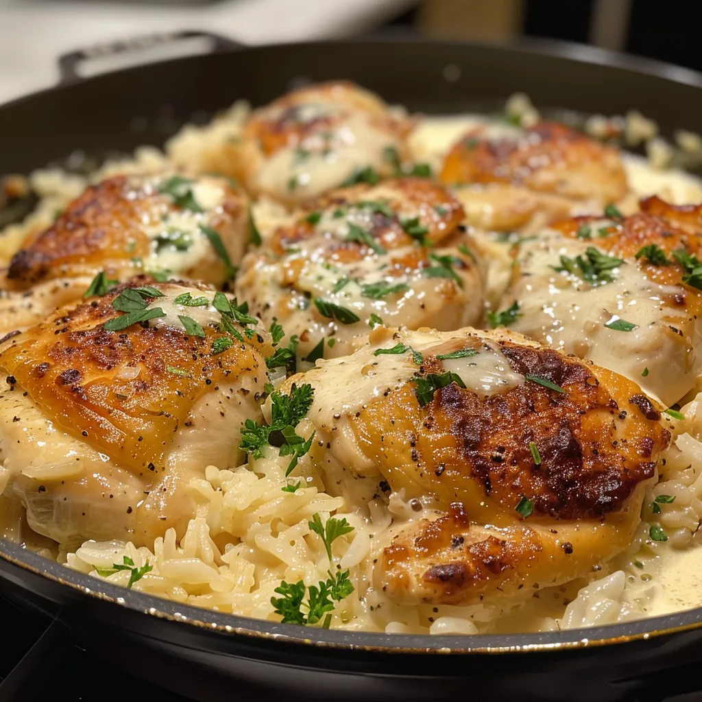 Delicious One-Pan Creamy Parmesan Chicken resting atop fluffy rice, garnished with parsley.