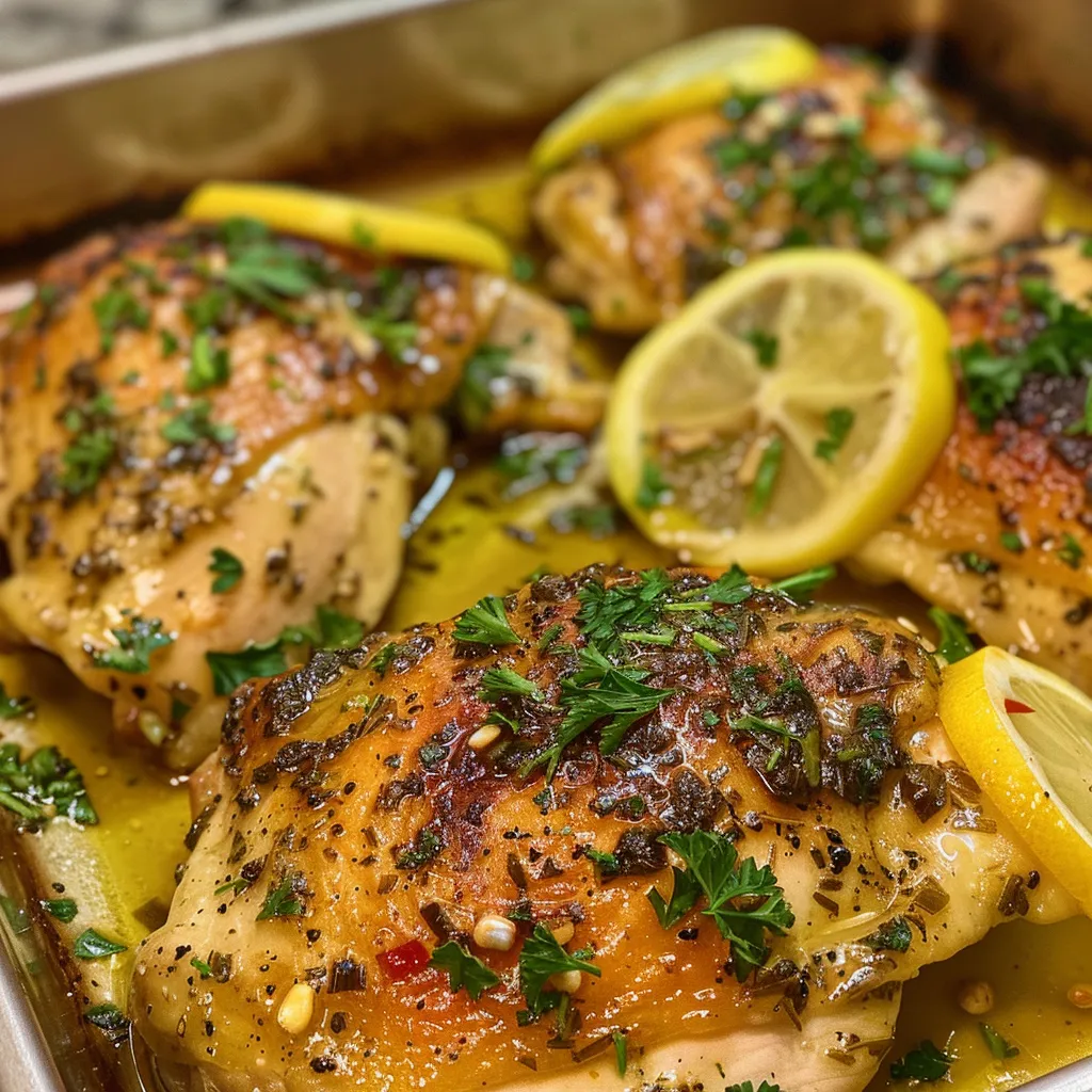 Close-up side view of tender, golden-brown chicken breast with lemon slices.