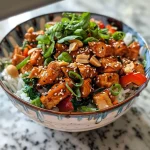 Close-up view of a bowl filled with Sweet and Spicy Gochujang Chicken, topped with scallions and sesame seeds.