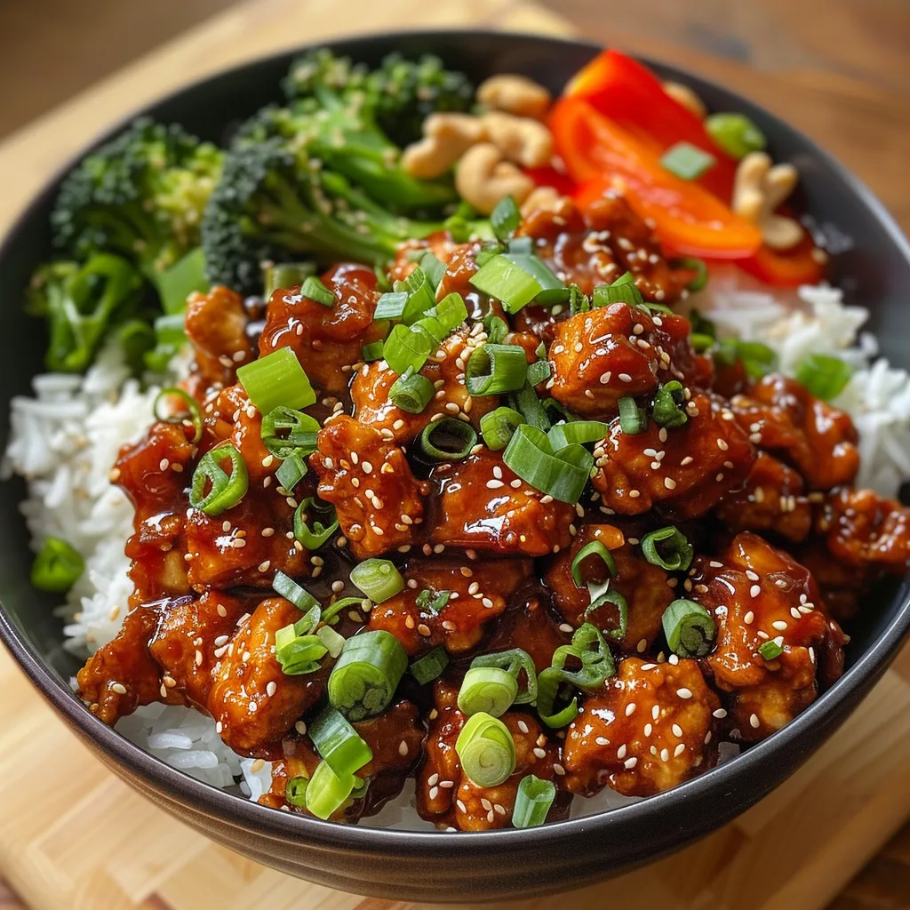 Juicy Sweet and Spicy Gochujang Chicken served with garnishes in a decorative bowl.