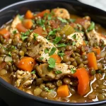 Close-up of a juicy high protein chicken and lentil meal prep in a bowl.