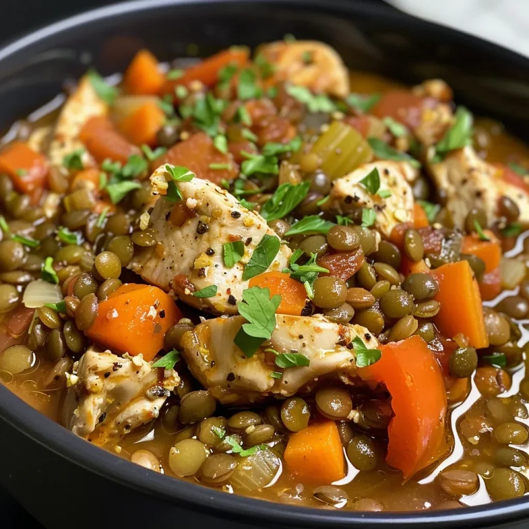 Close-up of a juicy high protein chicken and lentil meal prep in a bowl.