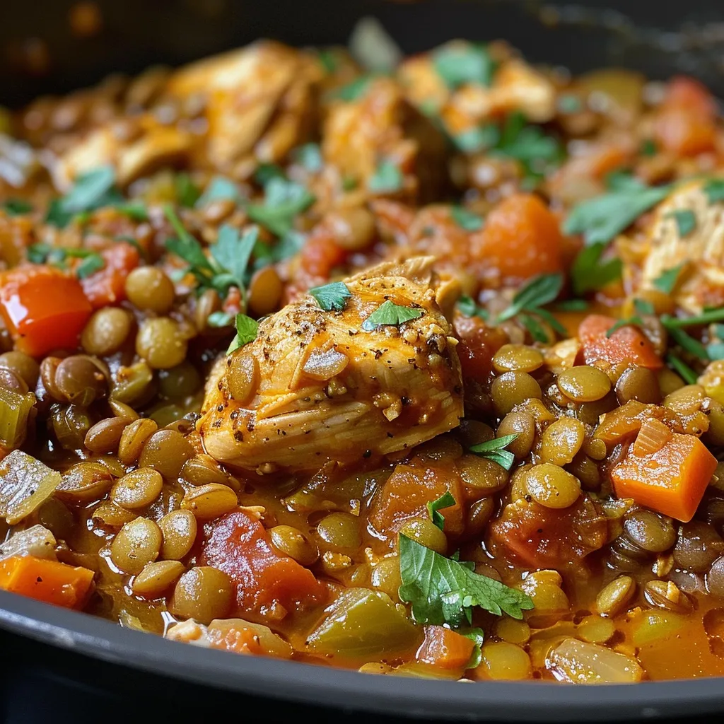 Colorful meal prep container filled with lentils, chicken, and vegetables.