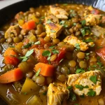 Close-up view of a colorful bowl of high-protein lentil and chicken power meal, featuring diced chicken, lentils, and fresh vegetables.