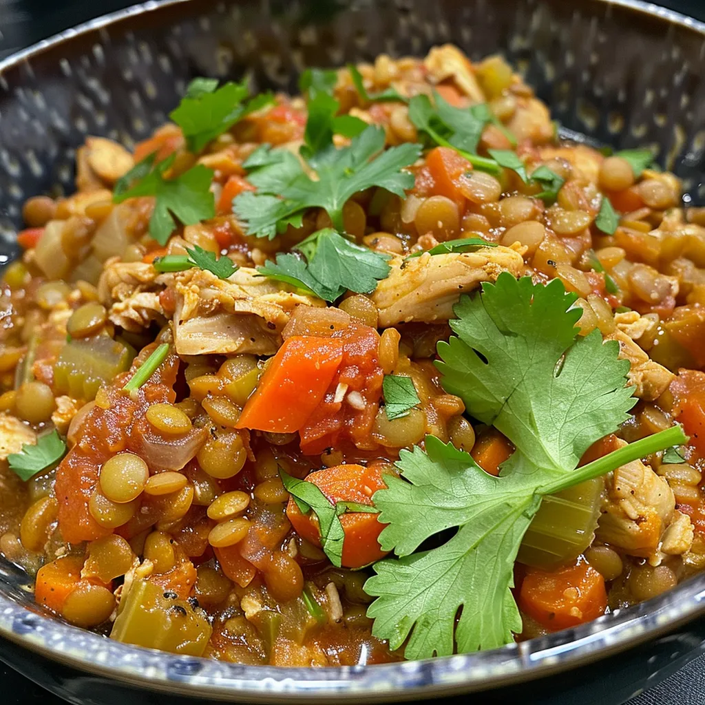 Juicy chicken thighs served over a bed of green lentils with colorful diced vegetables and garnished with fresh herbs.