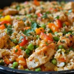 A close-up side view of a colorful chicken and vegetable rice skillet with juicy chicken pieces and vibrant veggies.