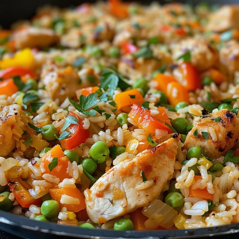 A close-up side view of a colorful chicken and vegetable rice skillet with juicy chicken pieces and vibrant veggies.