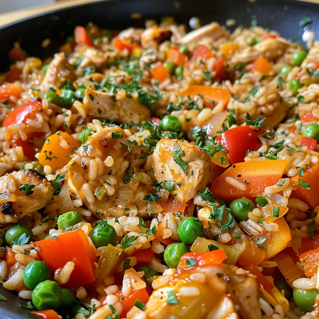 A detailed shot of a cooked rice skillet showcasing diced chicken, vibrant bell peppers, and green peas.