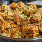 Close-up view of juicy garlic butter chicken bites served with lemon parmesan couscous.