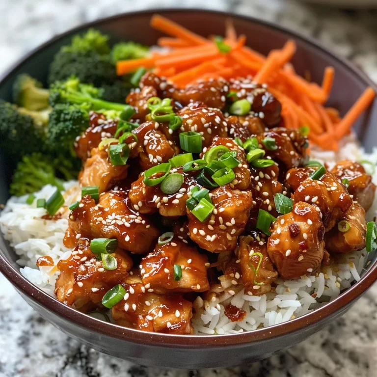 A close-up view of Air Fryer Honey Soy Chicken Bowls featuring juicy chicken, rice, and vegetables.