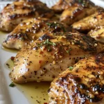 Grilled chicken breasts glazed with honey mustard, garnished with thyme.