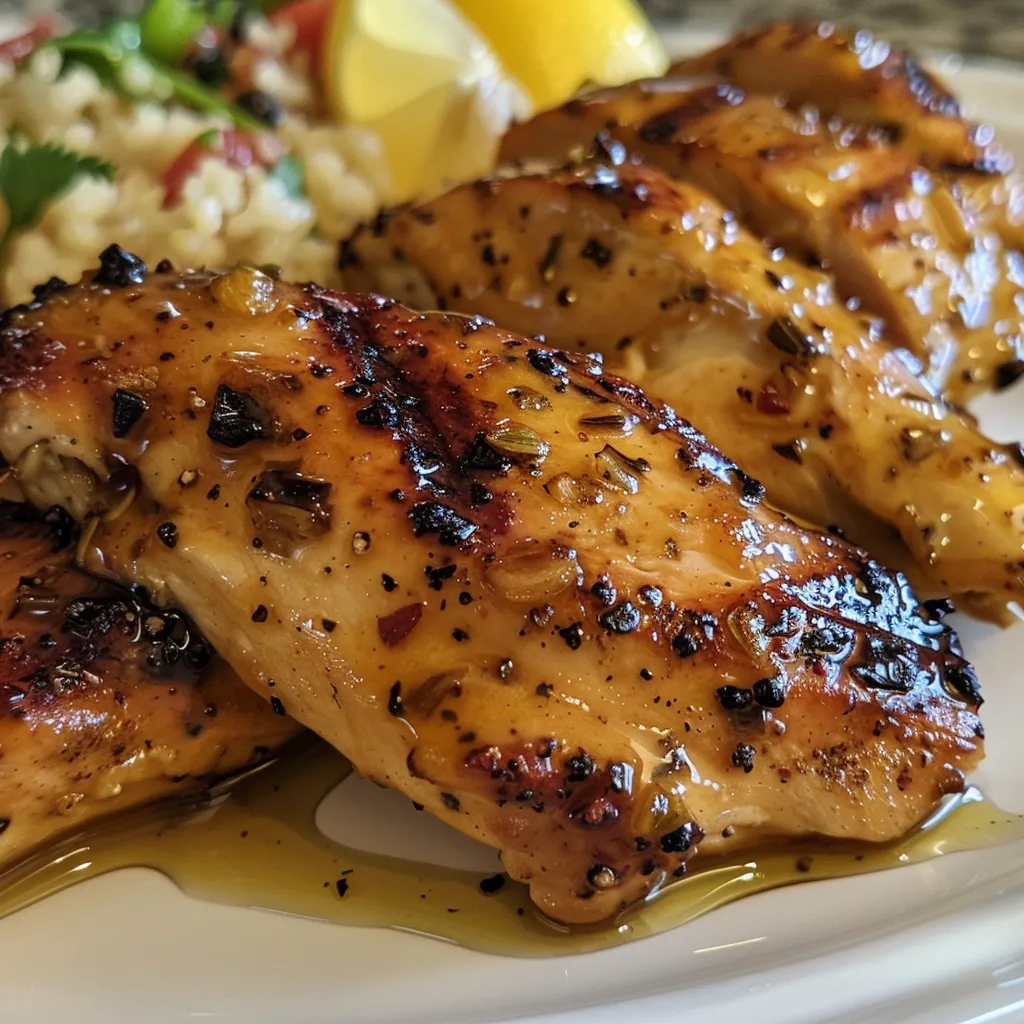 Juicy grilled chicken with a honey mustard glaze on a white plate.