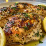 Close-up view of a juicy lemon herb baked chicken breast garnished with parsley.